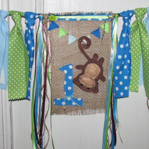 MONKEY High Chair Banner Monkey Birthday Party First Birthday Highchair Jungle Safari Zoo Party Sock Blue Green Brown Wild One Circus Prop