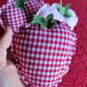 Pu&ograve; includere: Tre decorazioni in tessuto a forma di fragola. Le fragole sono realizzate in tessuto a quadretti rosso e bianco con un bordo a balze. Ognuna ha foglie di tessuto verde attaccate in alto. Lo sfondo &egrave; un tessuto rosso.