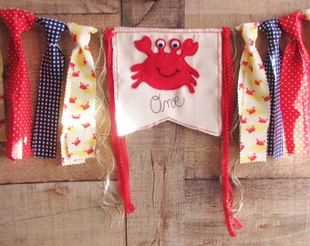 Red Crab One Banner High Chair Decor Highchair Fabric Garland Red and Navy Blue Nautical Ocean Beach Summer Photo Prop First Birthday Crabs