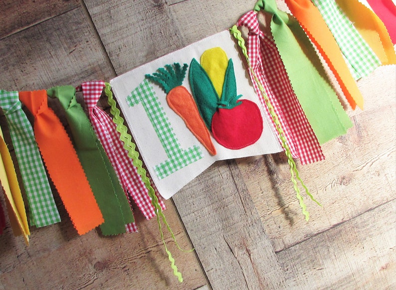 Farmer's Market High Chair Banner Highchair Decoration Vegetable Fabric Garland 1st Birthday Photo Prop Smash Cake Corn Carrot Tomato Garden image 8