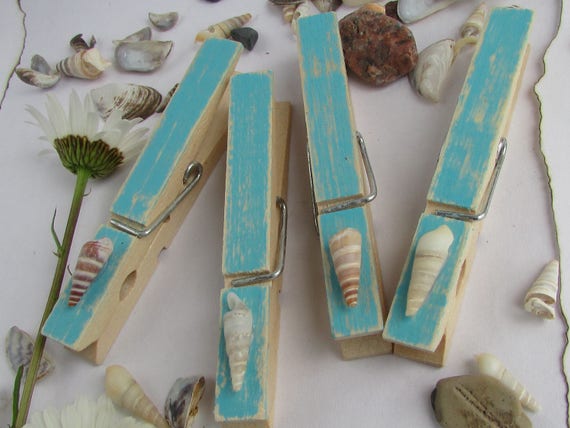 Beach Farmhouse Clothespins, Beach Clothespins, Sea Shell Farmhouse Decor, Beach Photo Hangers, Sea Shell Hangers, Blue Clips, Clothespins Il_570xn