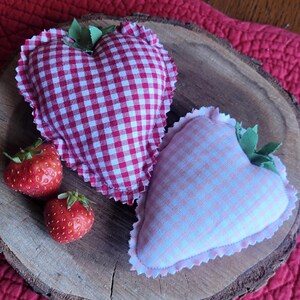Pu&ograve; includere: Due decorazioni in tessuto a forma di cuore con motivi a quadretti, una rossa e bianca, l'altra rosa e bianca, sono appoggiate su una fetta di legno. Sono presenti anche due fragole fresche. Gli oggetti poggiano su una superficie trapuntata rossa.