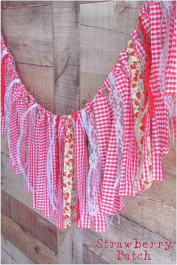 Shabby Chic Red and White Gingham Fabric Banner Vintage Strawberry Rag Tie Garland County Fair Farmers Market Strawberry Patch Lace Country Il_570xn