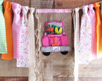 CUSTOM MADE Farmers Market Truck High Chair Banner Birthday Highchair Fabric Garland One Photo Prop Farm Vintage Blue Truck Vegetable Fruit