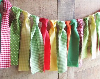 Vegetable Themed Fabric Garland Rag Tie Banner Farmers Market Red Yellow Orange Green Gingham Backyard BBQ Picnic Decor Shower Farm Birthday