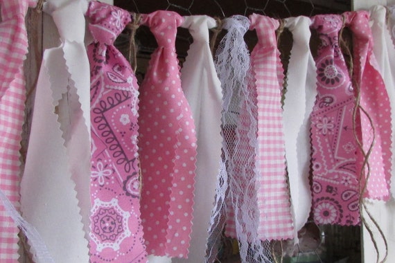 Pink and White Gingham Banner Rag Tie Garland Picnic Fabric Banner Cowgirl Rustic Pink Banner Backyard BBQ County Fair Bandana Photo Prop Il_570xn