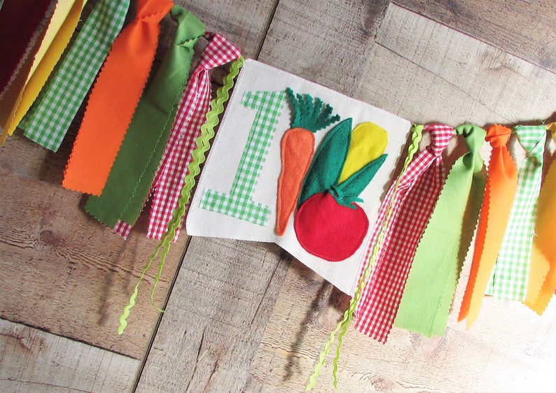 Farmer's Market High Chair Banner Highchair Decoration Vegetable Fabric Garland 1st Birthday Photo Prop Smash Cake Corn Carrot Tomato Garden image 7