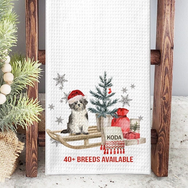 Christmas Dog Towel, Personalized Kitchen Towel for Dog Mom, Festive Holiday Decor with Dog on a Sled