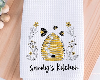 Bee Kitchen Decor, Farmhouse Kitchen Towel, Personalized Gift for Housewarming, Bridal Shower, Hostess