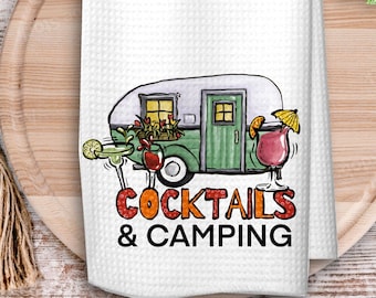 Cocktails and Camping Kitchen Towel, Gift for Outdoor Enthusiasts, Funny Gift for Camping Friends