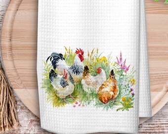 Chickens Kitchen Tea Towel, Watercolor Brood of Chickens, Bathroom Hand Towel, Gift for Chicken Farm Lover, Hostess Housewarming Gift