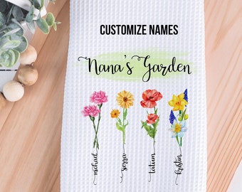 Personalized Grandma's Garden Kitchen Towel, Mother's Day Gift from Grandkids, Birth Mother Flower GIft, Birthday Gift for Grandma