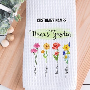 Personalized Grandma's Garden Kitchen Towel, Mother's Day Gift from Grandkids, Birth Mother Flower GIft, Birthday Gift for Grandma image 1