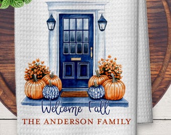 Personalized Chinoiserie Fall Kitchen Towel: Welcome Fall Door & Pumpkins