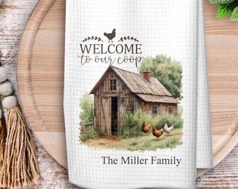 Farm House Tea Kitchen Towel, Personalized Watercolor Welcome to our Coop Bathroom Hand Towel, Gift for Farm Lover, Housewarming Gift
