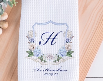 Monogram Kitchen Towel  Crest , Bridal Shower Couples Gift for the Newlyweds, Anniverary New Home Owner Gift