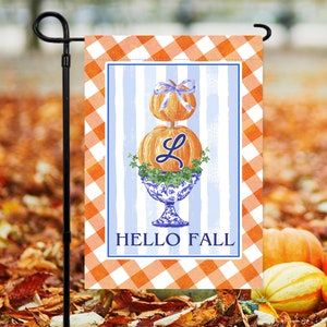 Chinoiserie Topiary Pumpkins Fall Garden Flag, Personalized Outdoor Flag for Porch, Outdoor Fall Decor