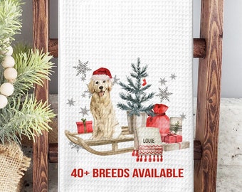 Festive Christmas Dog Towel, Personalized Kitchen or Bathroom Towel for Dog Mom, Holiday Decor with Dog on a Sled
