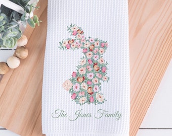 Floral Easter Bunny Towel, Easter Kitchen Tea Towel, Personalized Kitchen Towel, Easter Kitchen Decor, Gift for Wife