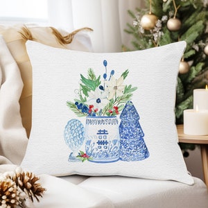 Christmas Throw Pillow, Blue and White Chinoiserie Decor for Home, Housewarming Hostess Gift for Her