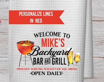 Backyard Bar and Grill Towel,  Personalized Grilling BBQ Towel, Gift for Men, Custom Gift for new Homeowner