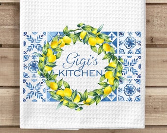 Custom Lemon Kitchen Towel, Lemon Wreath Waffle Towel, Summer Kitchen Decor, Housewarming Gift, Hostess Gift, Farmhouse Decor