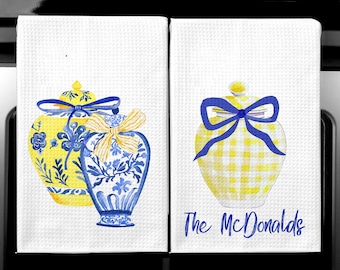 Personalized Chinoiserie Kitchen Towel, Blue and Yellow Floral