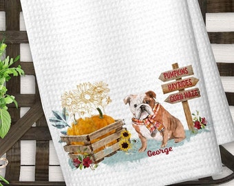 Personalized English Bulldog Fall Kitchen Towel, Fall Kitchen Decor for English Bulldog Dad or Mom, Custom Housewarming Hostess Gift