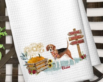 Personalized Beagle Kitchen Towel, Gift for New Dog Owner, Fall Kitchen Dog Decor for Beagle Dad Mom, Housewarming Hostess Gift