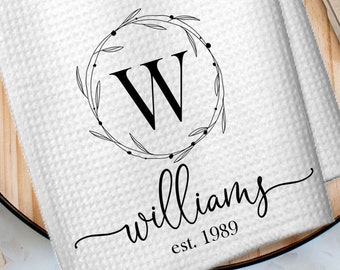 Personalized Wedding or Family Kitchen Waffle Towel: Custom Wreath Monogram