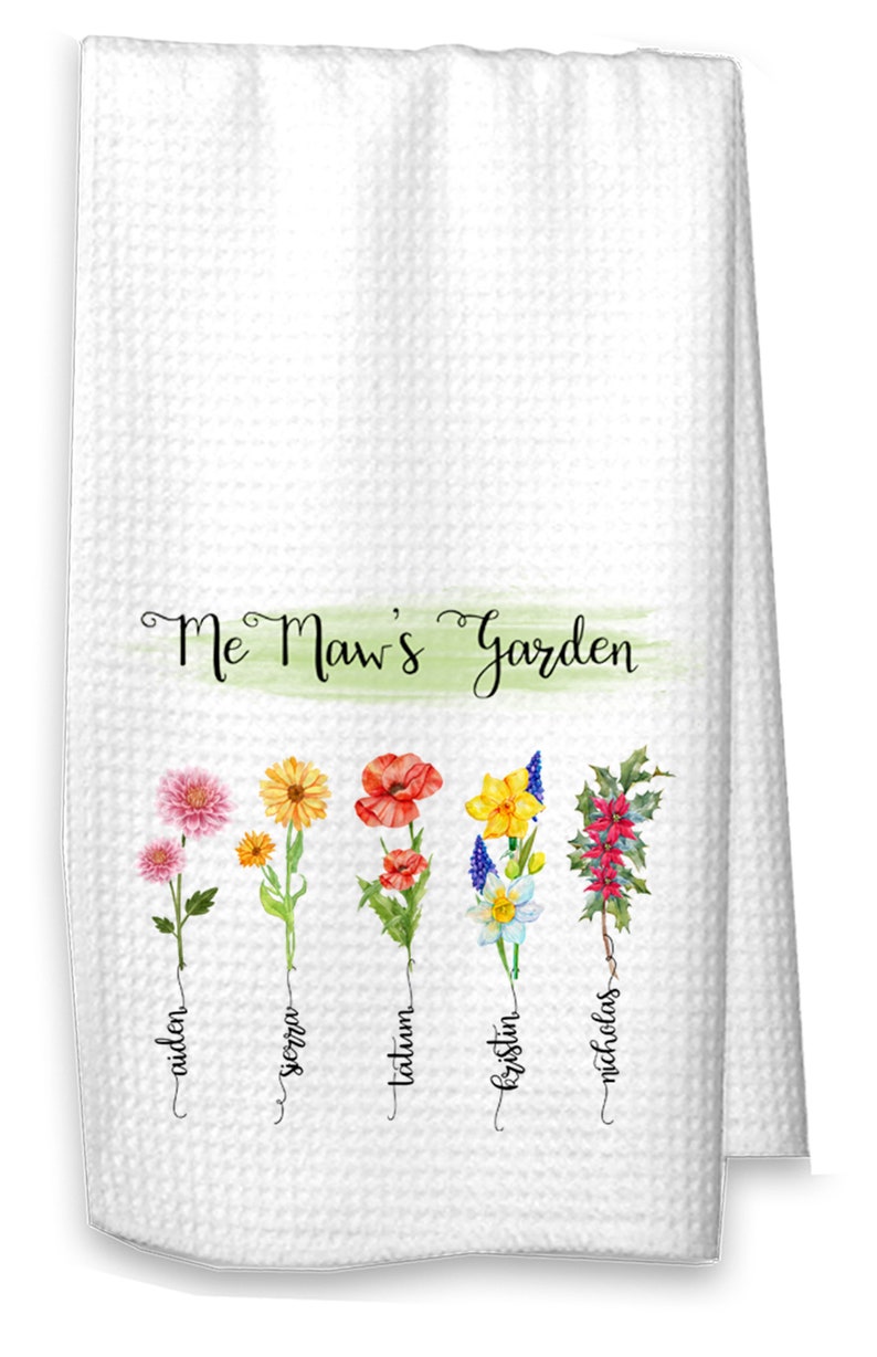 Personalized Grandma's Garden Kitchen Towel, Mother's Day Gift from Grandkids, Birth Mother Flower GIft, Birthday Gift for Grandma image 3