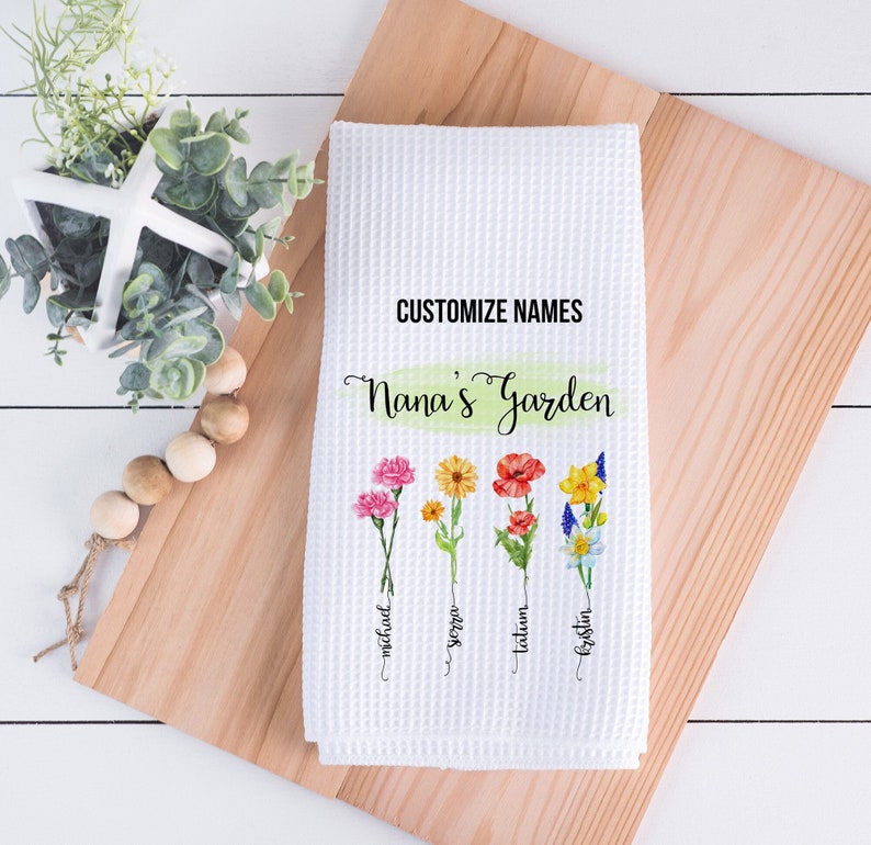 Personalized Grandma's Garden Kitchen Towel, Mother's Day Gift from Grandkids, Birth Mother Flower GIft, Birthday Gift for Grandma image 1