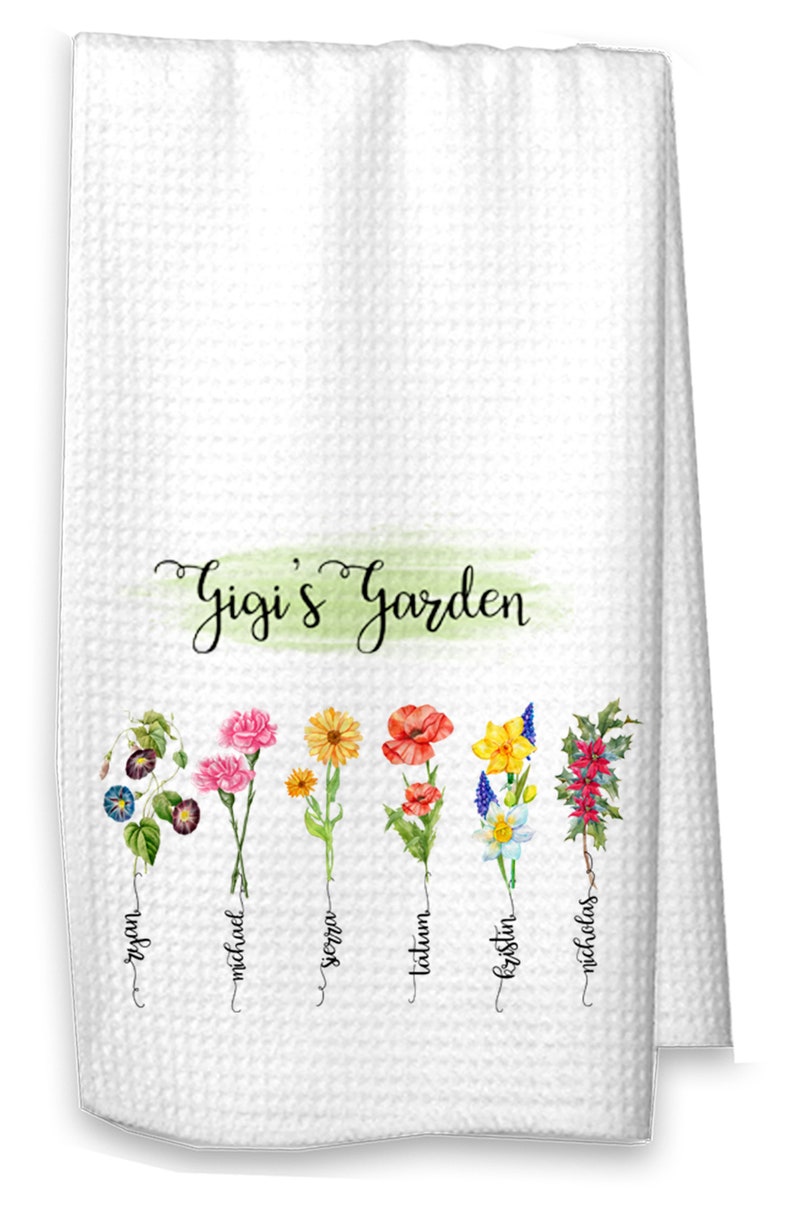 Personalized Grandma's Garden Kitchen Towel, Mother's Day Gift from Grandkids, Birth Mother Flower GIft, Birthday Gift for Grandma image 2