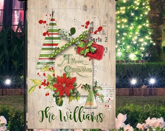Merry Christmas Rustic Garden Flag, Christmas Decor for Front Porch, Personalized Gift for Mom or Homeowner, Holiday Outdoor Gift for Porch