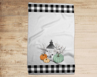 Fall Kitchen Towel, Farmhouse Decor with Lanterns and Pumpkins, Thanksgiving Decor, Rustic Tea Towel