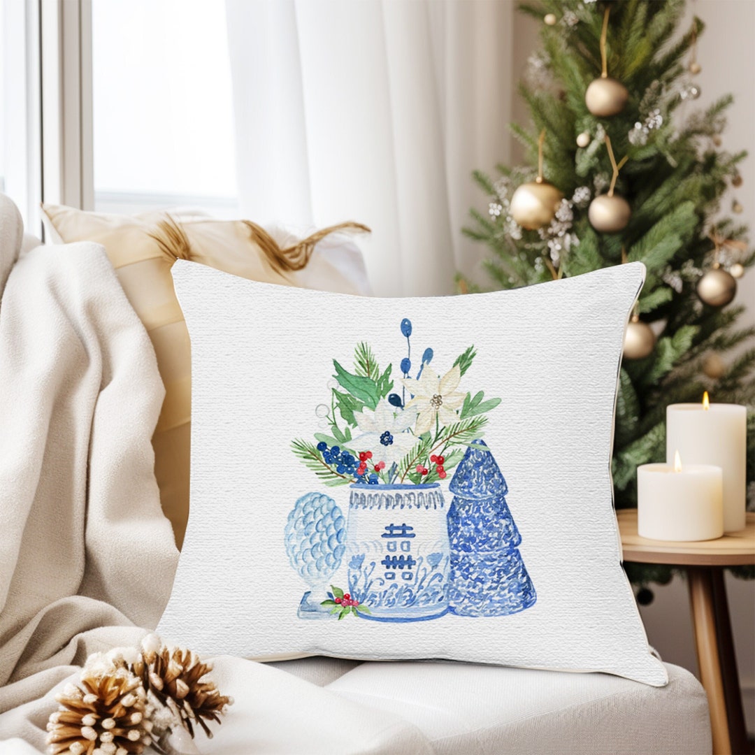 Christmas Throw Pillow, Blue and White Chinoiserie Decor for Home