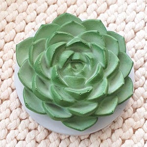 May include: A green succulent plant sculpture on a white base, set against a cream-colored, textured background. The succulent has detailed, layered petals. The sculpture is a decorative item, possibly for home decor.