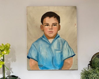 Original portrait painting: boy in blue (unframed canvas)