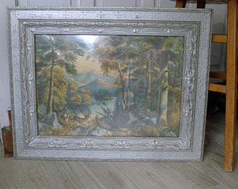 Framed lithograph - landscape with deer