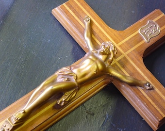 Wood inlay crucifix with gold corpus