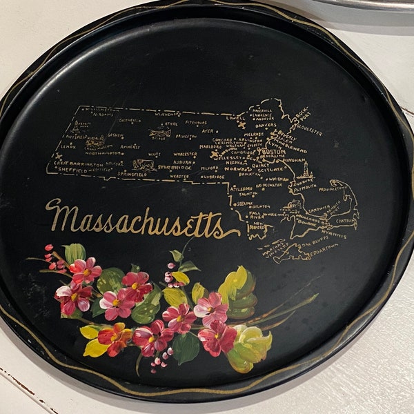 Collectible souvenir metal tray - State of Massachusetts [round, black]