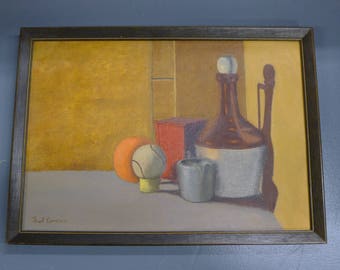 Original painting: still life with wine jug and baseball