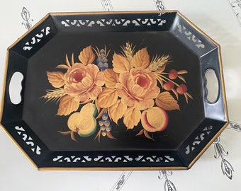 Octagonal black toleware tray - gold toned florals