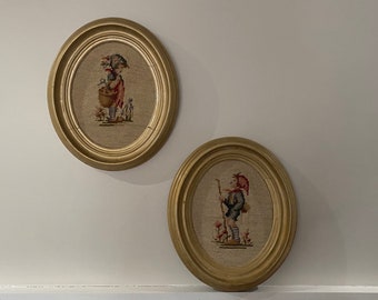 Pair of oval-framed embroidery: boy and girl