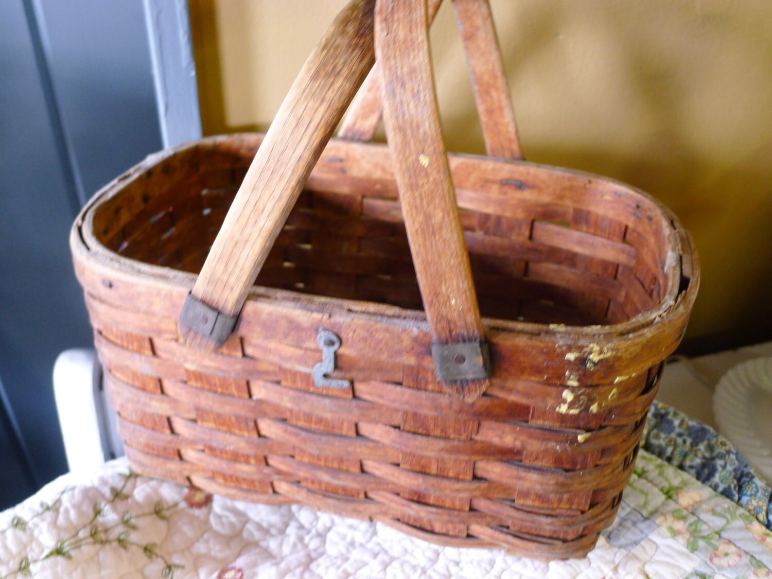 Antique opentop splitwood basket with hinged handle and Etsy