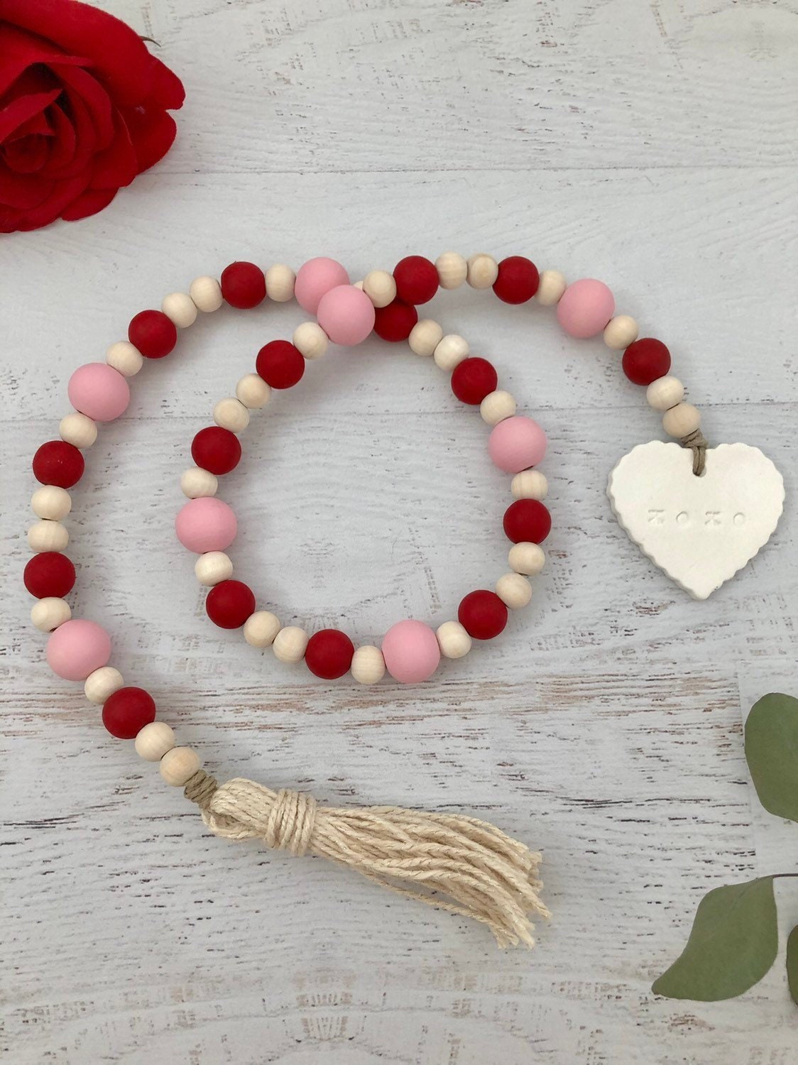 XOXO Scalloped Heart Painted Farmhouse Wood Bead Tassel Garland