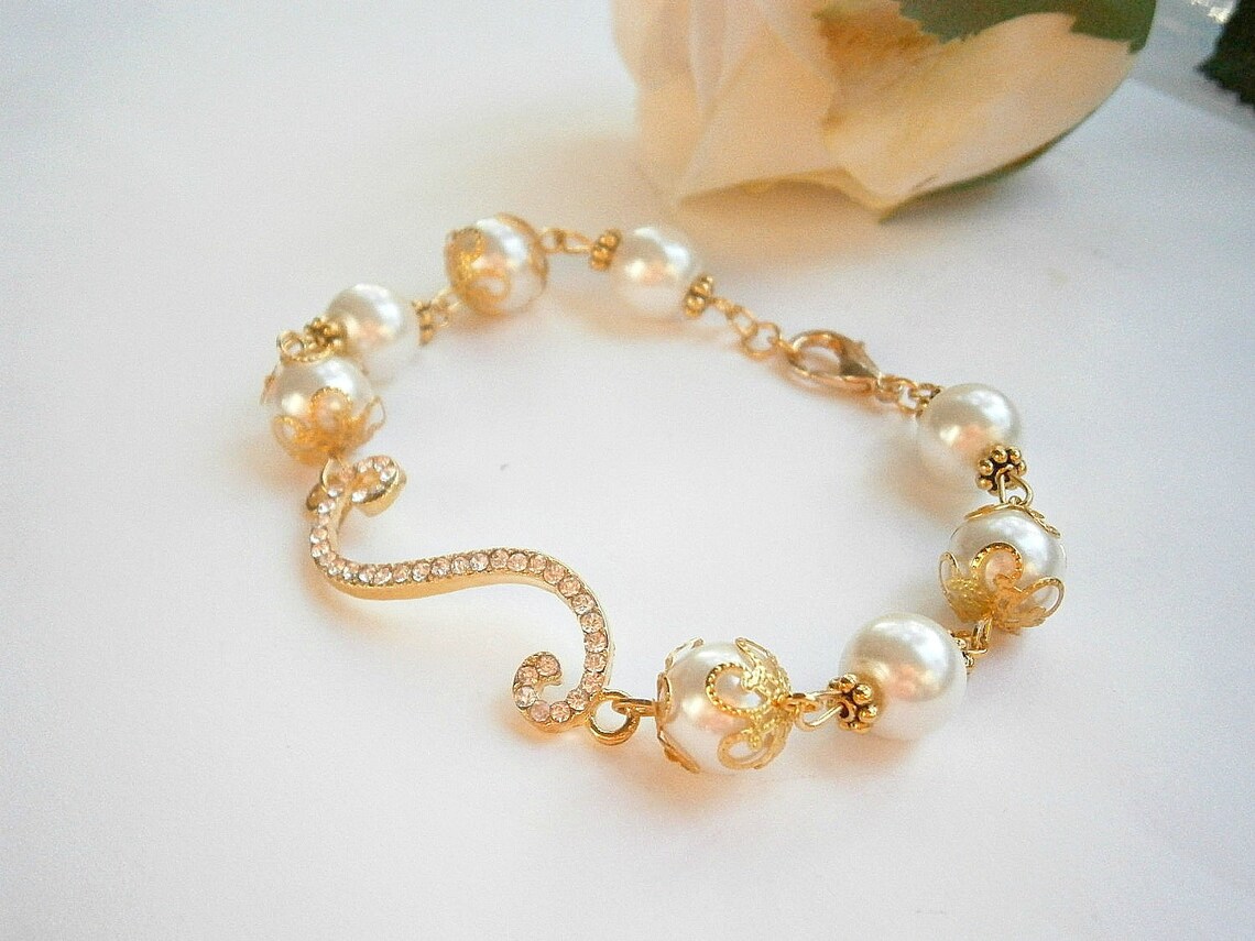 Gold Pearl Bracelet White Bridal Bracelets Wedding Etsy