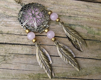 Perfume Locket Pink Quartz Dream Catcher Pendant, Gemstone ethnic dreamcatcher scent jewelry, Essential oil diffuser necklace, Aromatherapy