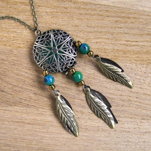 Chrysocolla Locket Pendant, Essential oil diffuser necklace, Dream catcher aromatherapy charm, Green gem stone dreamcatcher bohemian jewelry image 1