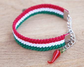 Italian horn bracelet, Italian flag bracelet, Napoli jewelry, Friendship bracelet, Naples Italy bracelet, Red chili pepper, Cornicello charm